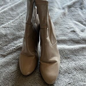 Beige Patent Ankle Boots with Clear Block Heels